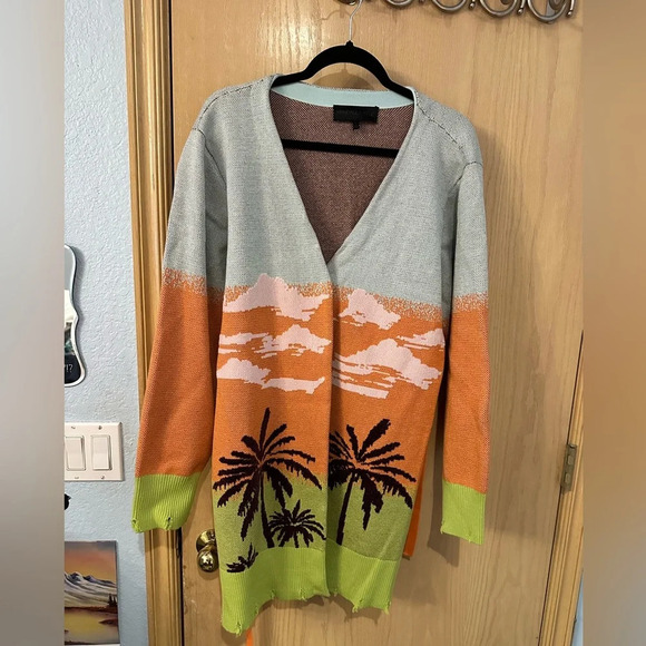 NWOT Kendall & Kylie Tropical Color Block Distressed Tie-Waist Cardigan - Picture 2 of 4